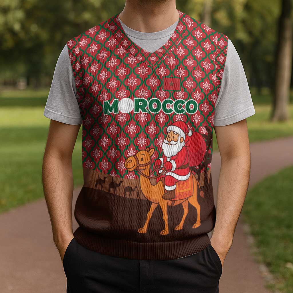 Morocco Christmas Knitted V-Neck Vest with Santa Claus Camel Caravan Desert Scene and Red Pattern Design - Wonder Print Shop