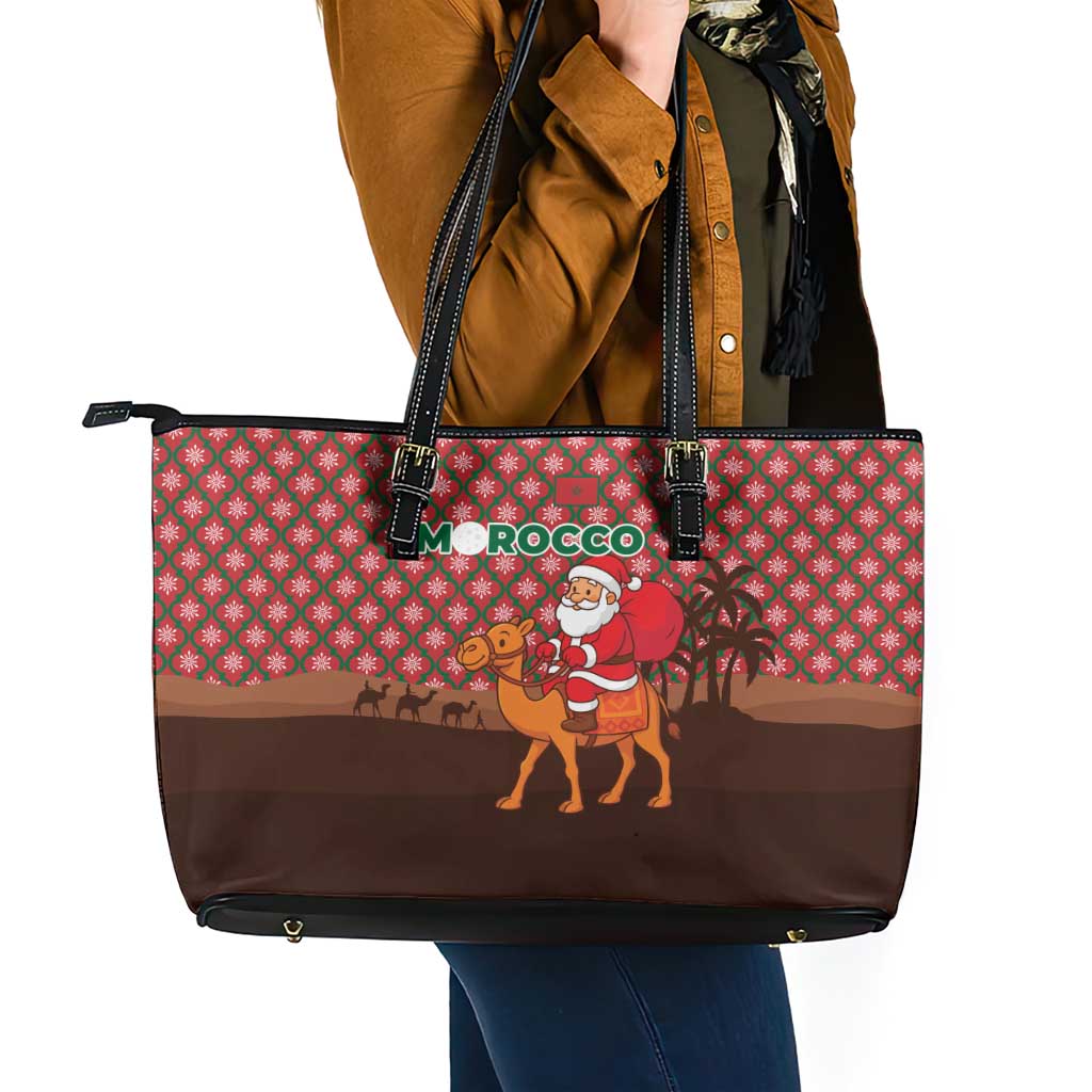 Morocco Christmas Leather Tote Bag with Santa Claus Camel Caravan Desert Scene and Red Pattern Design - Wonder Print Shop