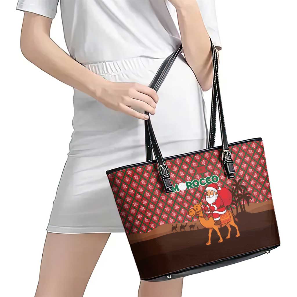 Morocco Christmas Leather Tote Bag with Santa Claus Camel Caravan Desert Scene and Red Pattern Design - Wonder Print Shop