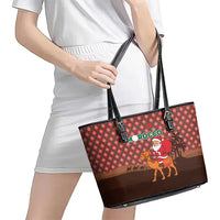 Morocco Christmas Leather Tote Bag with Santa Claus Camel Caravan Desert Scene and Red Pattern Design - Wonder Print Shop