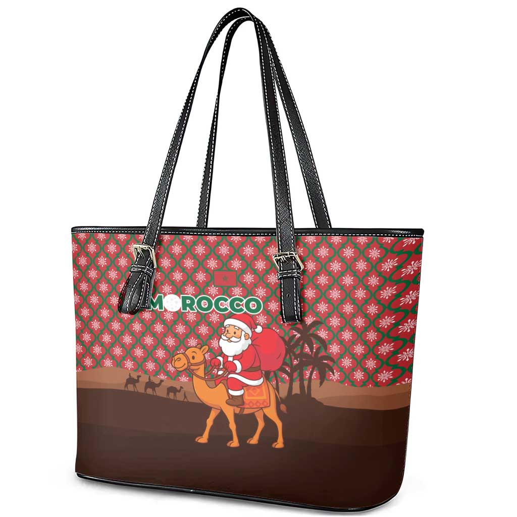 Morocco Christmas Leather Tote Bag with Santa Claus Camel Caravan Desert Scene and Red Pattern Design - Wonder Print Shop
