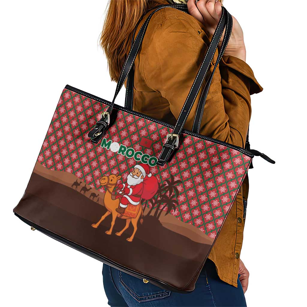 Morocco Christmas Leather Tote Bag with Santa Claus Camel Caravan Desert Scene and Red Pattern Design - Wonder Print Shop