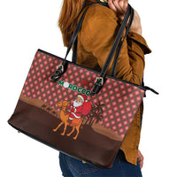 Morocco Christmas Leather Tote Bag with Santa Claus Camel Caravan Desert Scene and Red Pattern Design - Wonder Print Shop