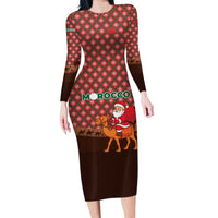 Morocco Christmas Long Sleeve Bodycon Dress with Santa Claus Camel Caravan Desert Scene and Red Pattern Design - Wonder Print Shop