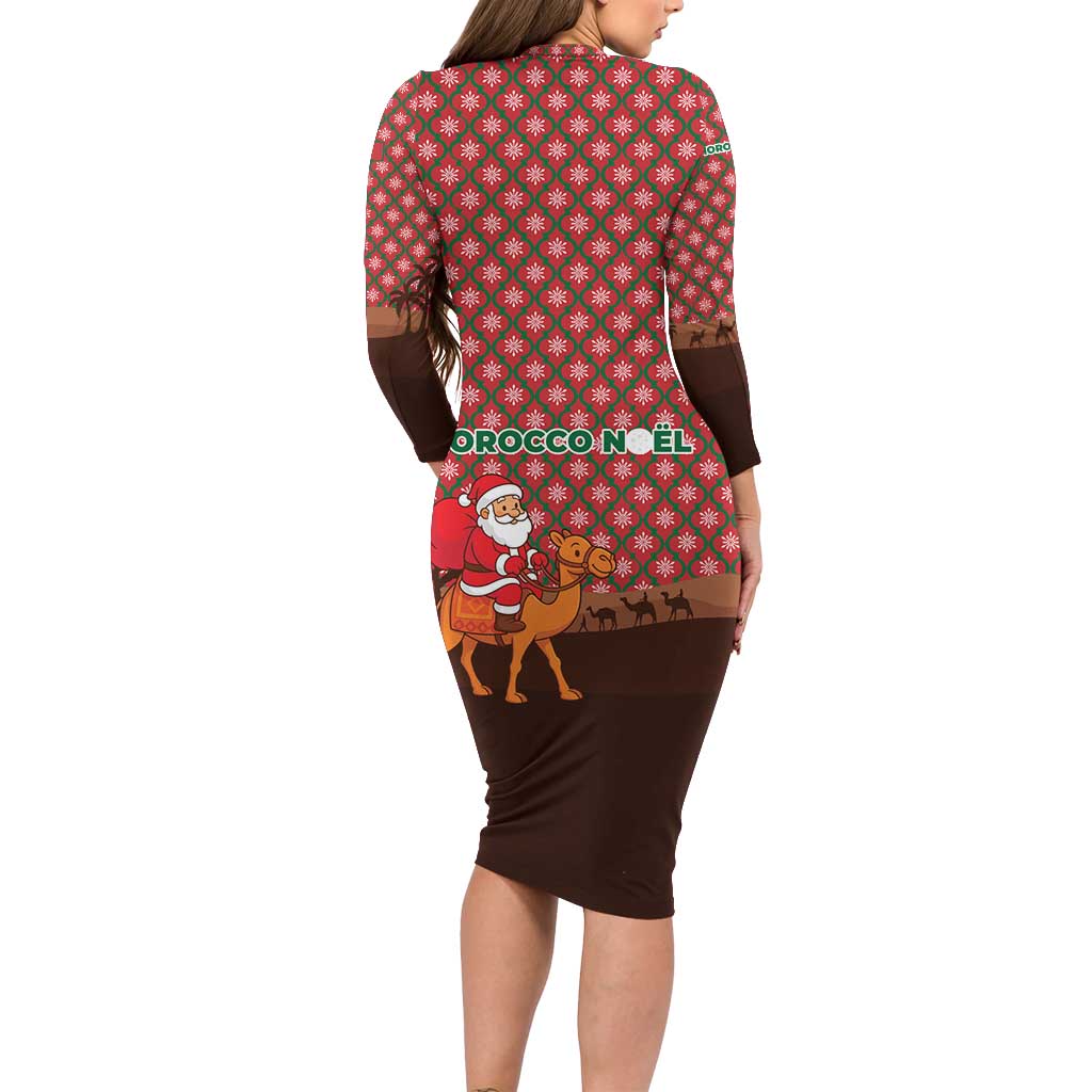 Morocco Christmas Long Sleeve Bodycon Dress with Santa Claus Camel Caravan Desert Scene and Red Pattern Design - Wonder Print Shop