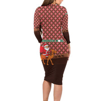 Morocco Christmas Long Sleeve Bodycon Dress with Santa Claus Camel Caravan Desert Scene and Red Pattern Design - Wonder Print Shop