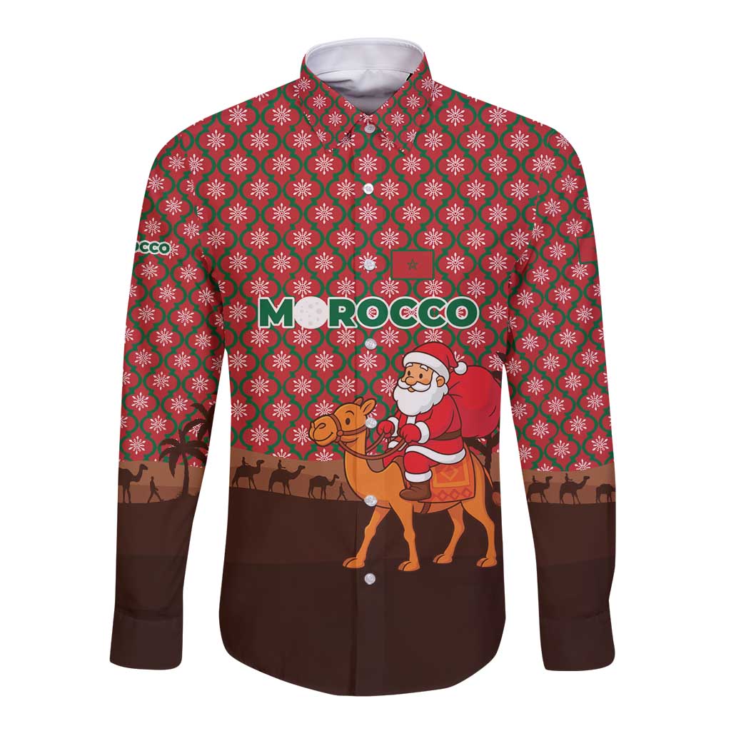 Morocco Christmas Long Sleeve Button Shirt with Santa Claus Camel Caravan Desert Scene and Red Pattern Design - Wonder Print Shop