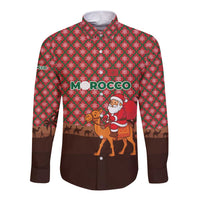 Morocco Christmas Long Sleeve Button Shirt with Santa Claus Camel Caravan Desert Scene and Red Pattern Design - Wonder Print Shop