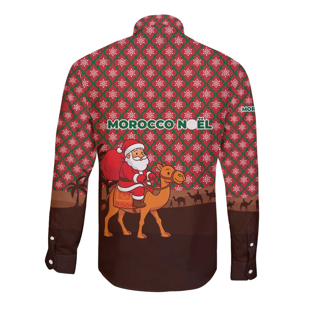 Morocco Christmas Long Sleeve Button Shirt with Santa Claus Camel Caravan Desert Scene and Red Pattern Design - Wonder Print Shop