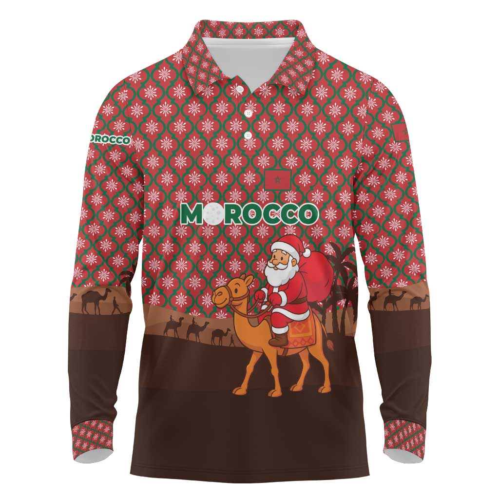 Morocco Christmas Long Sleeve Polo Shirt with Santa Claus Camel Caravan Desert Scene and Red Pattern Design - Wonder Print Shop