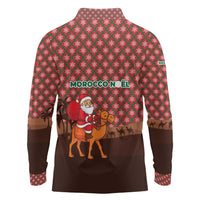 Morocco Christmas Long Sleeve Polo Shirt with Santa Claus Camel Caravan Desert Scene and Red Pattern Design - Wonder Print Shop
