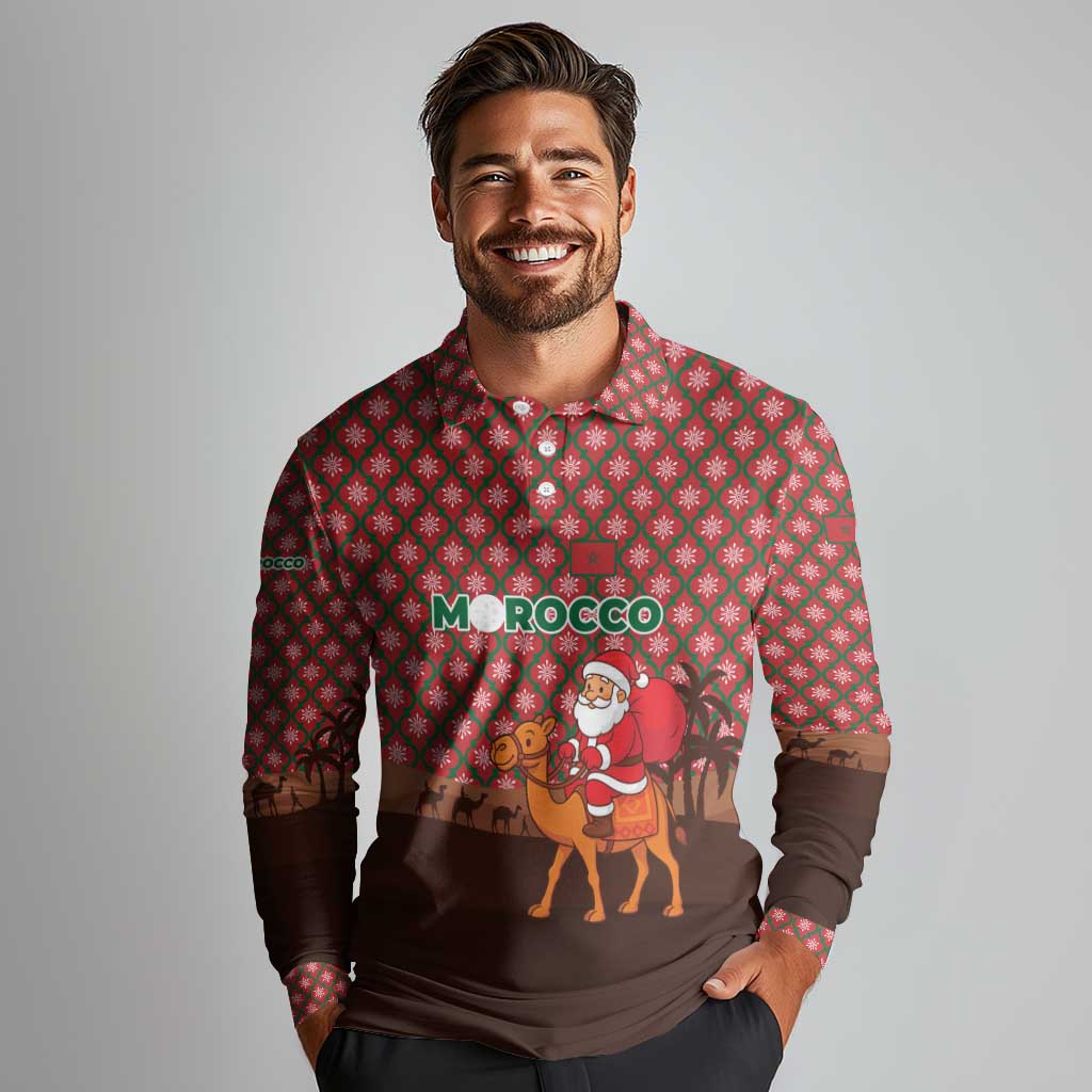 Morocco Christmas Long Sleeve Polo Shirt with Santa Claus Camel Caravan Desert Scene and Red Pattern Design - Wonder Print Shop