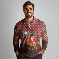 Morocco Christmas Long Sleeve Polo Shirt with Santa Claus Camel Caravan Desert Scene and Red Pattern Design - Wonder Print Shop