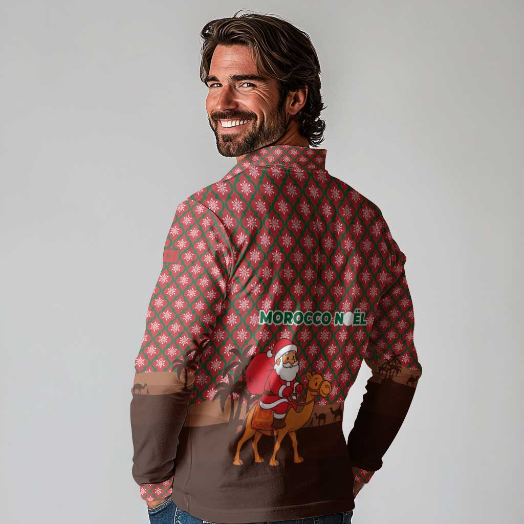 Morocco Christmas Long Sleeve Polo Shirt with Santa Claus Camel Caravan Desert Scene and Red Pattern Design - Wonder Print Shop