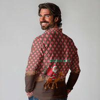 Morocco Christmas Long Sleeve Polo Shirt with Santa Claus Camel Caravan Desert Scene and Red Pattern Design - Wonder Print Shop