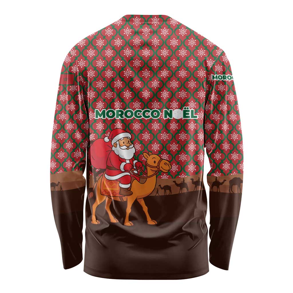 Morocco Christmas Long Sleeve Shirt with Santa Claus Camel Caravan Desert Scene and Red Pattern Design - Wonder Print Shop