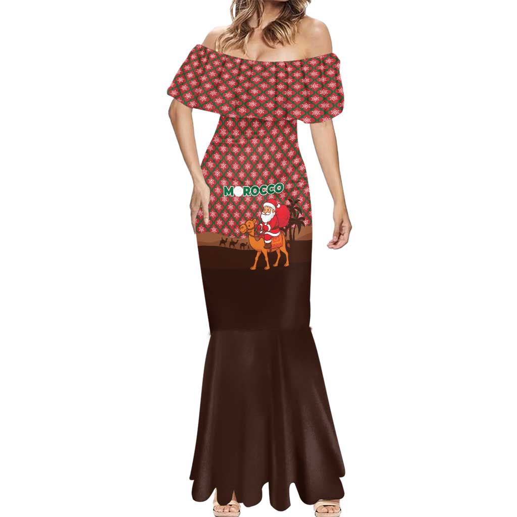 Morocco Christmas Mermaid Dress with Santa Claus Camel Caravan Desert Scene and Red Pattern Design - Wonder Print Shop