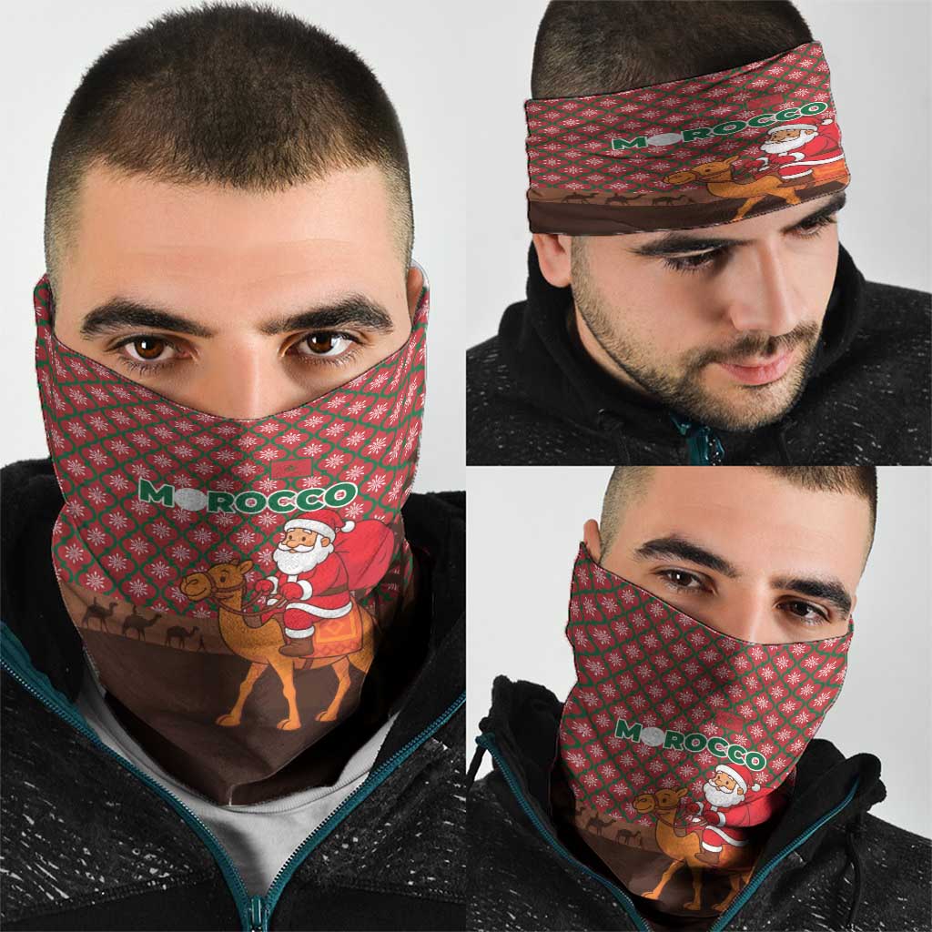 Morocco Christmas Neck Gaiter with Santa Claus Camel Caravan Desert Scene and Red Pattern Design - Wonder Print Shop