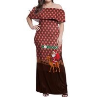 Morocco Christmas Off Shoulder Maxi Dress with Santa Claus Camel Caravan Desert Scene and Red Pattern Design - Wonder Print Shop