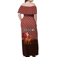 Morocco Christmas Off Shoulder Maxi Dress with Santa Claus Camel Caravan Desert Scene and Red Pattern Design - Wonder Print Shop