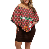 Morocco Christmas Off Shoulder Short Dress with Santa Claus Camel Caravan Desert Scene and Red Pattern Design - Wonder Print Shop