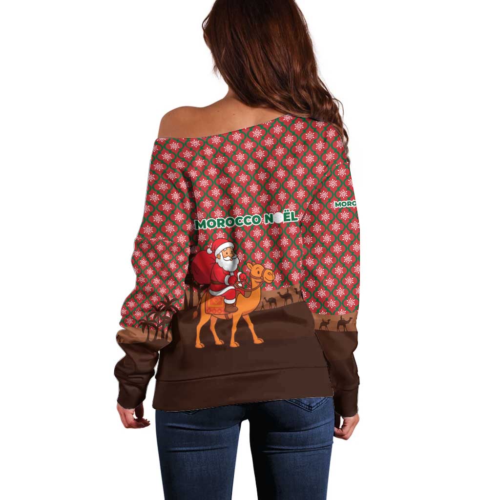 Morocco Christmas Off Shoulder Sweater with Santa Claus Camel Caravan Desert Scene and Red Pattern Design - Wonder Print Shop