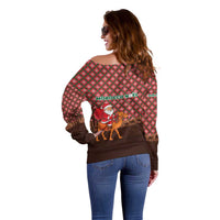 Morocco Christmas Off Shoulder Sweater with Santa Claus Camel Caravan Desert Scene and Red Pattern Design - Wonder Print Shop