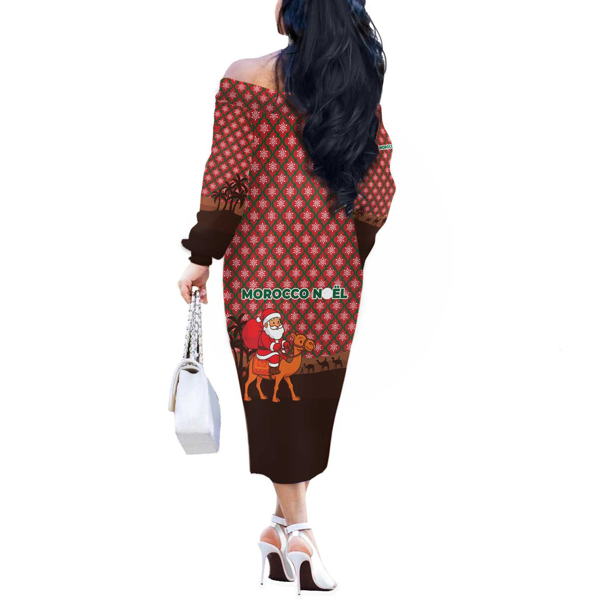 Morocco Christmas Off The Shoulder Long Sleeve Dress with Santa Claus Camel Caravan Desert Scene and Red Pattern Design - Wonder Print Shop