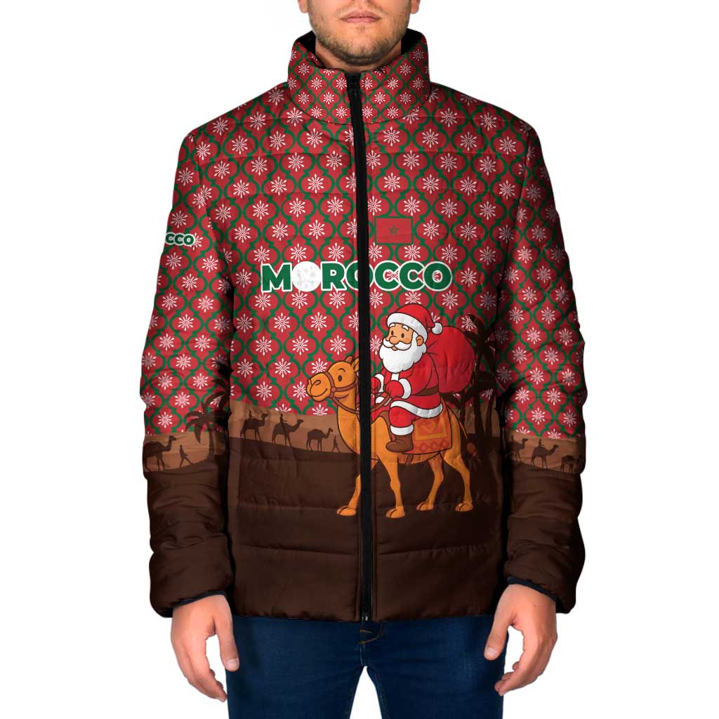 Morocco Christmas Padded Jacket with Santa Claus Camel Caravan Desert Scene and Red Pattern Design - Wonder Print Shop