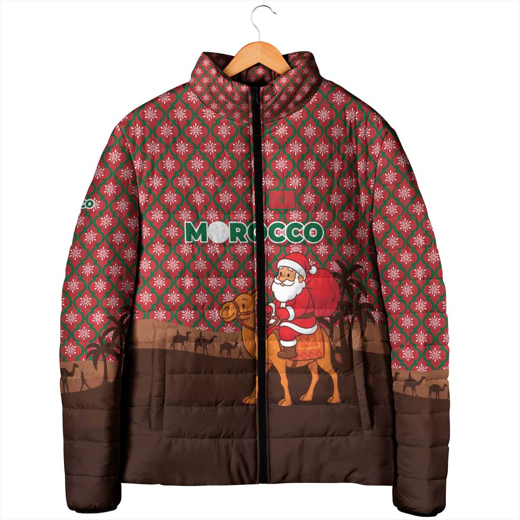 Morocco Christmas Padded Jacket with Santa Claus Camel Caravan Desert Scene and Red Pattern Design - Wonder Print Shop