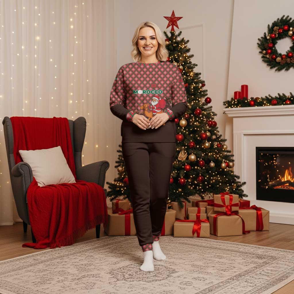 Morocco Christmas Pajama Set with Santa Claus Camel Caravan Desert Scene and Red Pattern Design - Wonder Print Shop