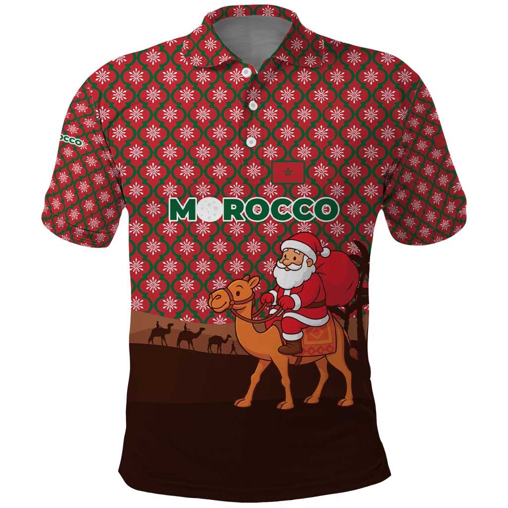 Morocco Christmas Polo Shirt with Santa Claus Camel Caravan Desert Scene and Red Pattern Design - Wonder Print Shop