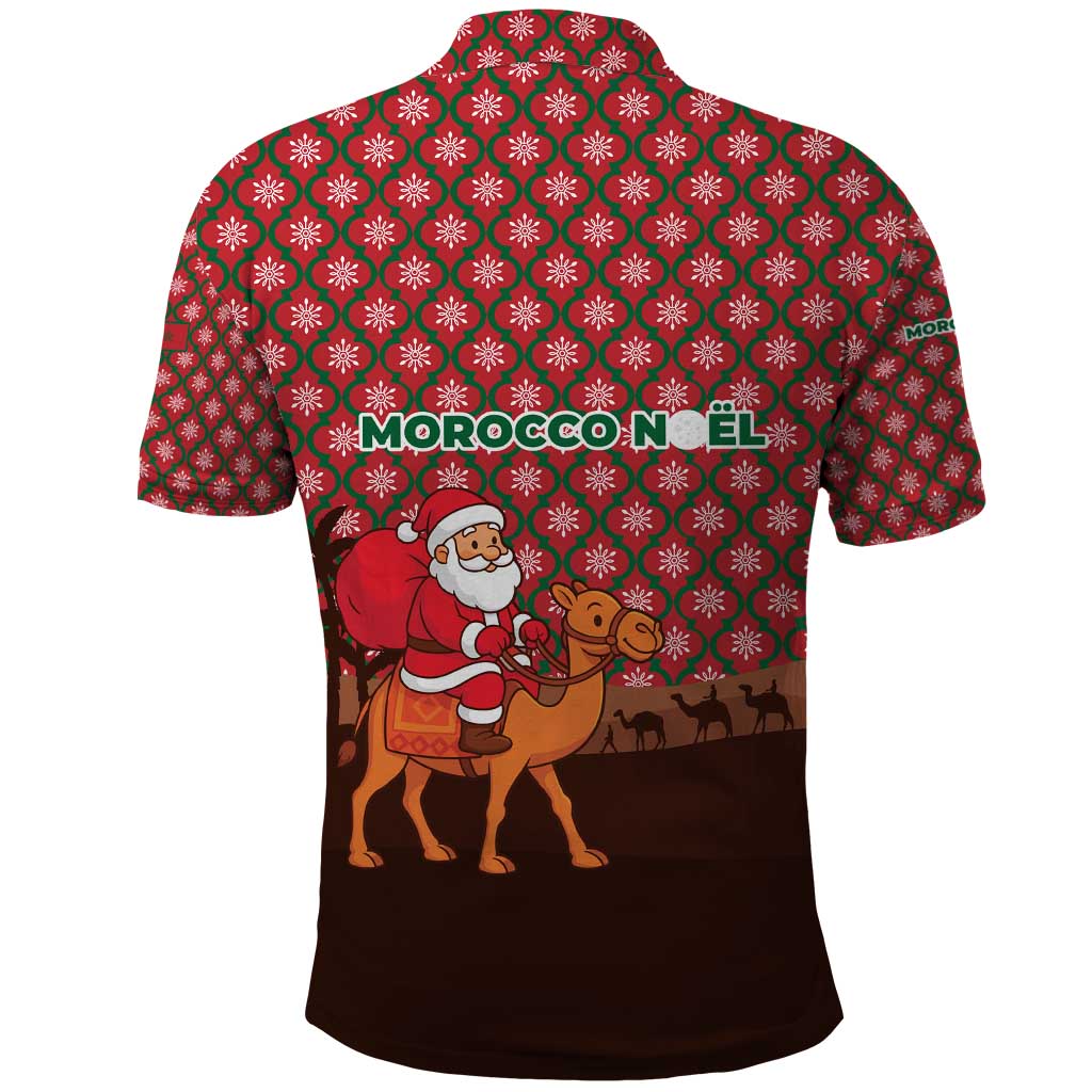 Morocco Christmas Polo Shirt with Santa Claus Camel Caravan Desert Scene and Red Pattern Design - Wonder Print Shop