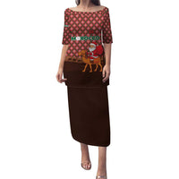 Morocco Christmas Puletasi with Santa Claus Camel Caravan Desert Scene and Red Pattern Design - Wonder Print Shop