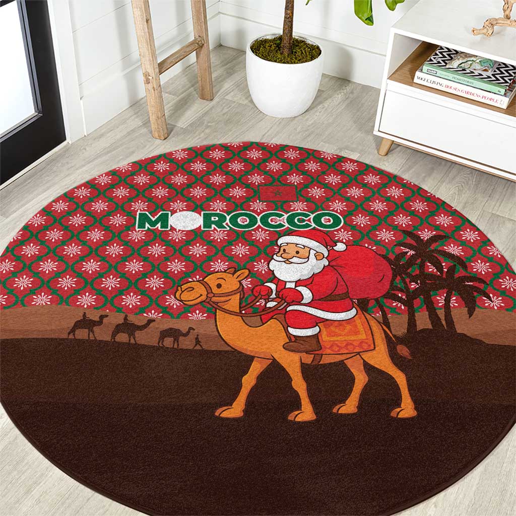 Morocco Christmas Round Carpet with Santa Claus Camel Caravan Desert Scene and Red Pattern Design - Wonder Print Shop