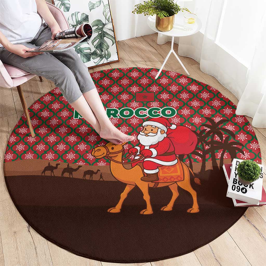 Morocco Christmas Round Carpet with Santa Claus Camel Caravan Desert Scene and Red Pattern Design - Wonder Print Shop