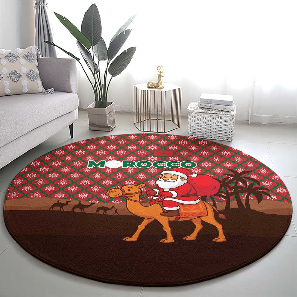 Morocco Christmas Round Carpet with Santa Claus Camel Caravan Desert Scene and Red Pattern Design - Wonder Print Shop