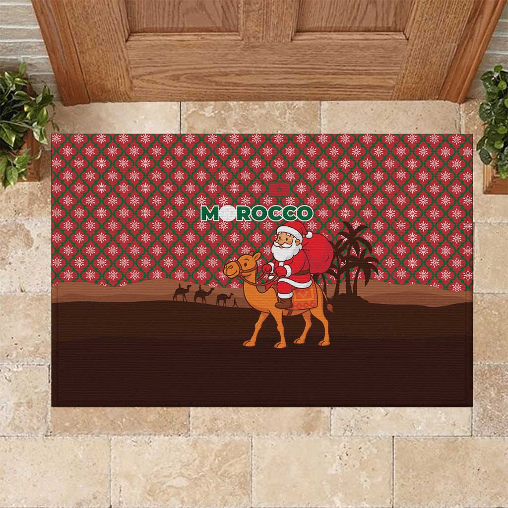 Morocco Christmas Rubber Doormat with Santa Claus Camel Caravan Desert Scene and Red Pattern Design - Wonder Print Shop