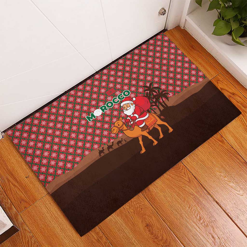 Morocco Christmas Rubber Doormat with Santa Claus Camel Caravan Desert Scene and Red Pattern Design - Wonder Print Shop