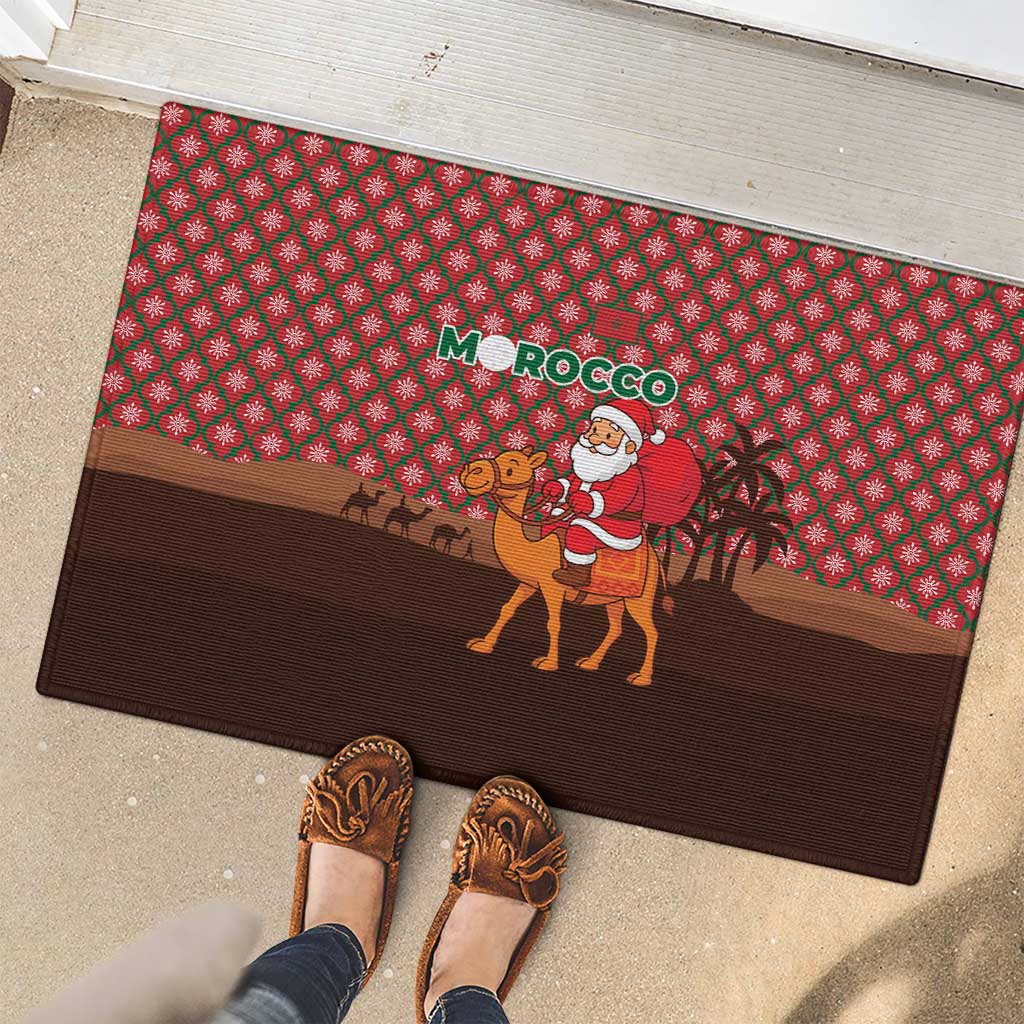 Morocco Christmas Rubber Doormat with Santa Claus Camel Caravan Desert Scene and Red Pattern Design - Wonder Print Shop