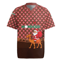 Morocco Christmas Rugby Jersey with Santa Claus Camel Caravan Desert Scene and Red Pattern Design - Wonder Print Shop