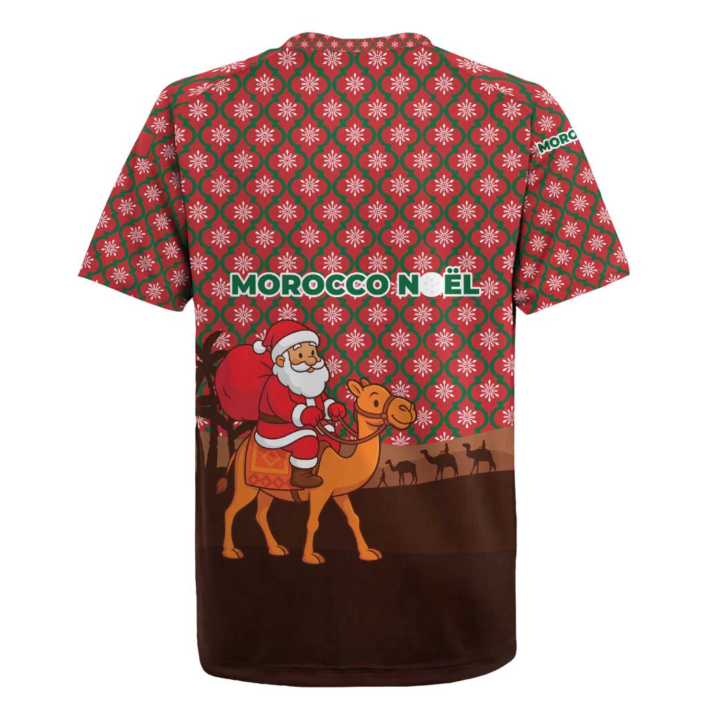 Morocco Christmas Rugby Jersey with Santa Claus Camel Caravan Desert Scene and Red Pattern Design - Wonder Print Shop