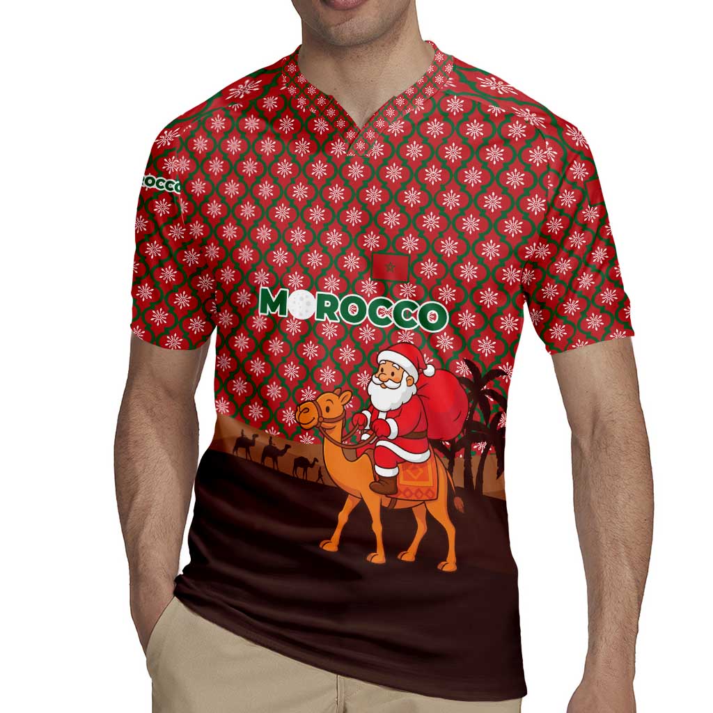 Morocco Christmas Rugby Jersey with Santa Claus Camel Caravan Desert Scene and Red Pattern Design - Wonder Print Shop