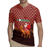 Morocco Christmas Rugby Jersey with Santa Claus Camel Caravan Desert Scene and Red Pattern Design - Wonder Print Shop