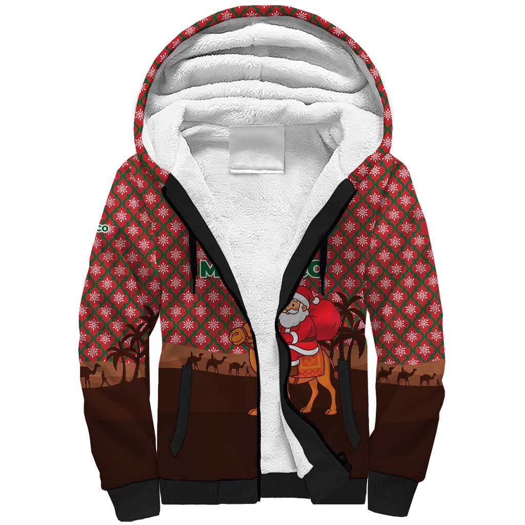 Morocco Christmas Sherpa Hoodie with Santa Claus Camel Caravan Desert Scene and Red Pattern Design - Wonder Print Shop