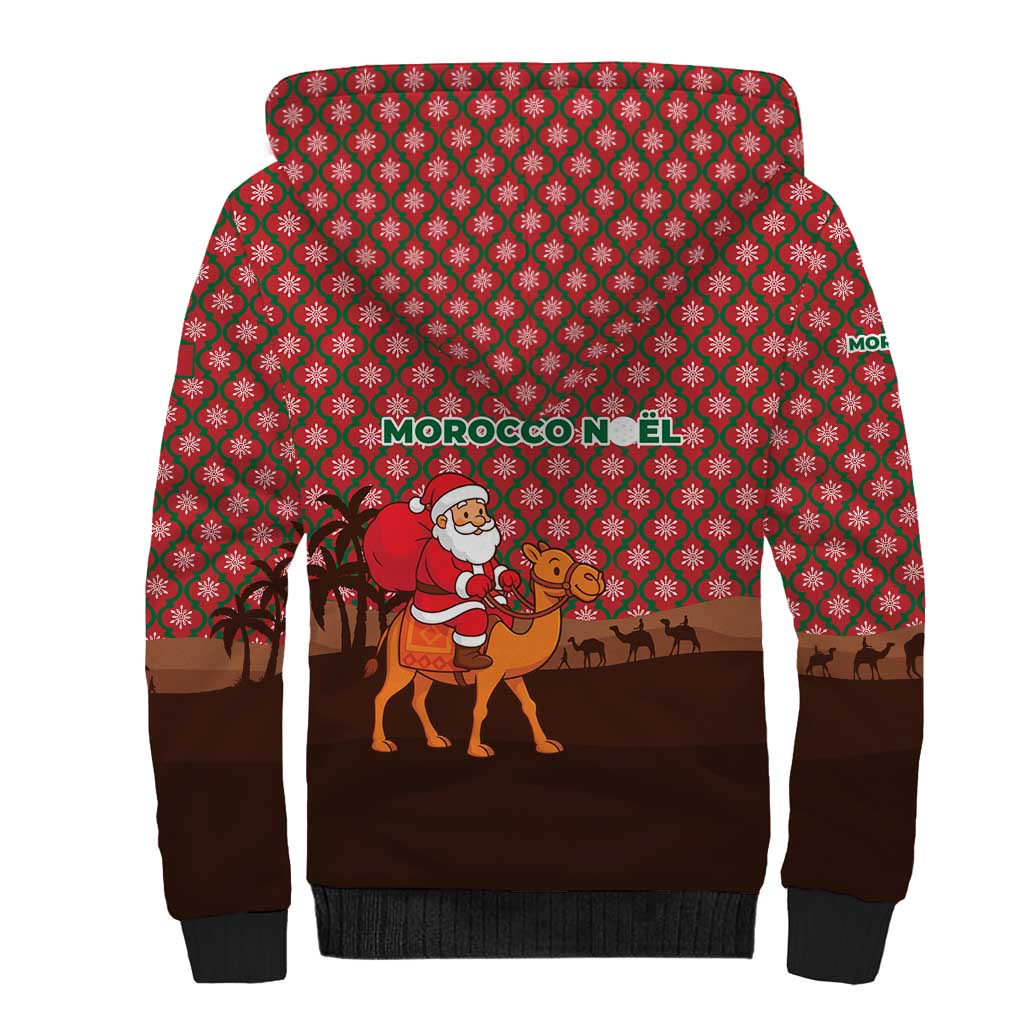 Morocco Christmas Sherpa Hoodie with Santa Claus Camel Caravan Desert Scene and Red Pattern Design - Wonder Print Shop