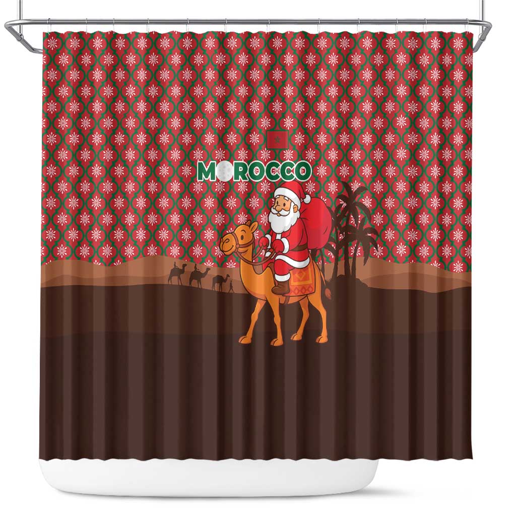 Morocco Christmas Shower Curtain with Santa Claus Camel Caravan Desert Scene and Red Pattern Design - Wonder Print Shop