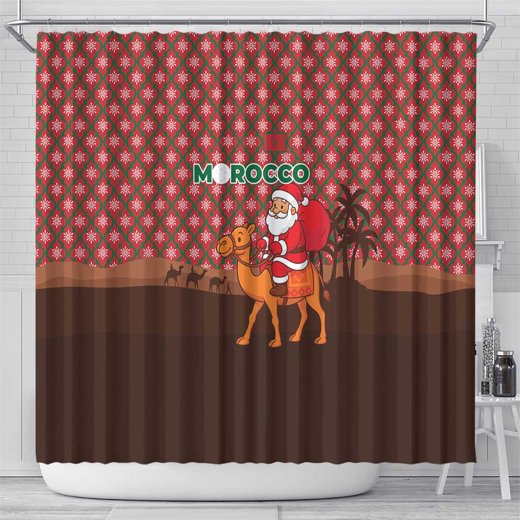 Morocco Christmas Shower Curtain with Santa Claus Camel Caravan Desert Scene and Red Pattern Design - Wonder Print Shop