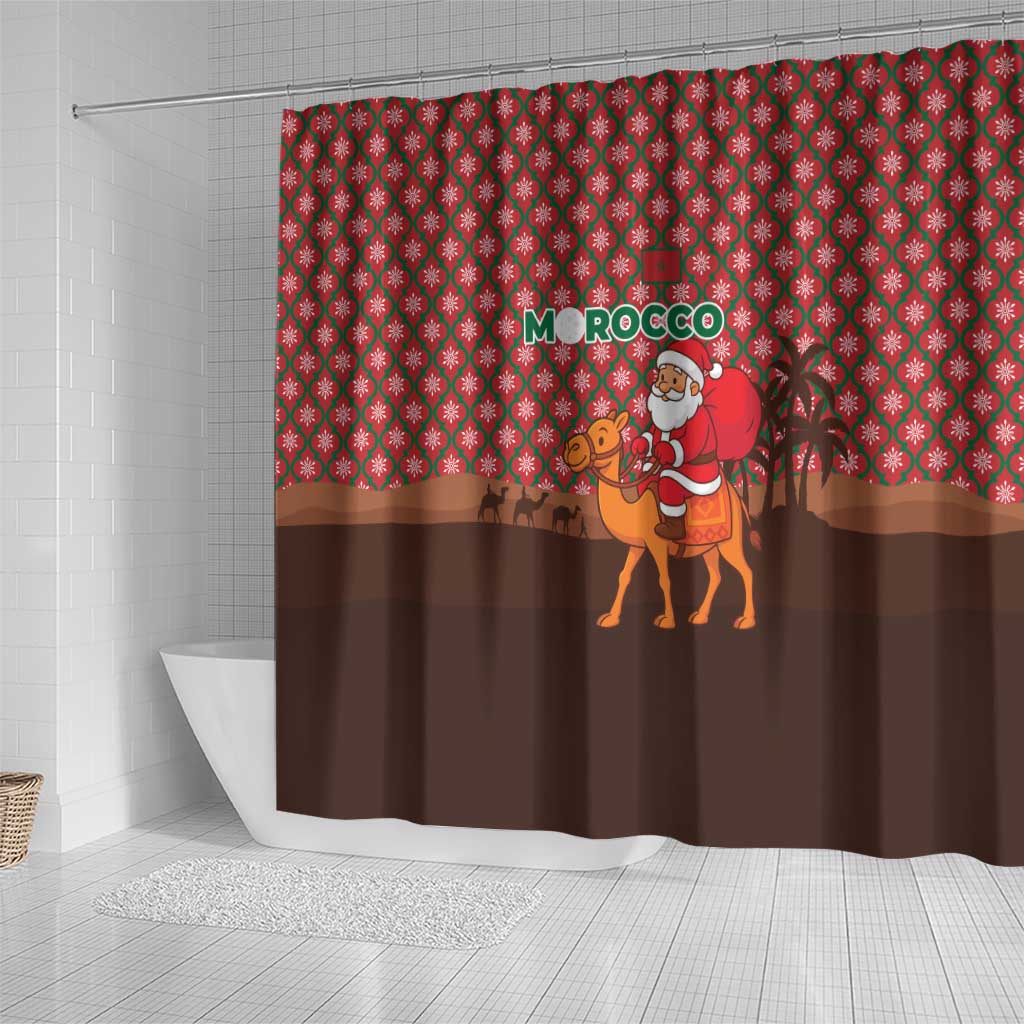 Morocco Christmas Shower Curtain with Santa Claus Camel Caravan Desert Scene and Red Pattern Design - Wonder Print Shop