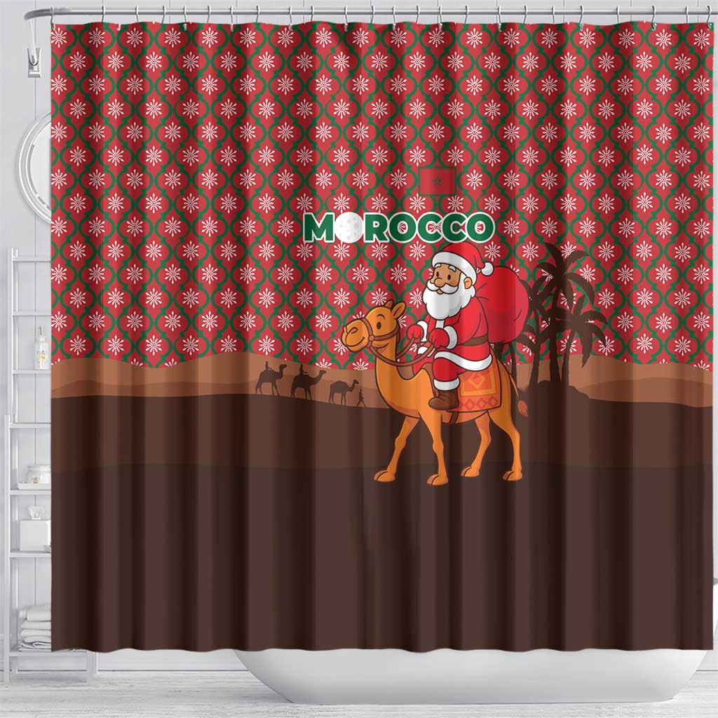 Morocco Christmas Shower Curtain with Santa Claus Camel Caravan Desert Scene and Red Pattern Design - Wonder Print Shop